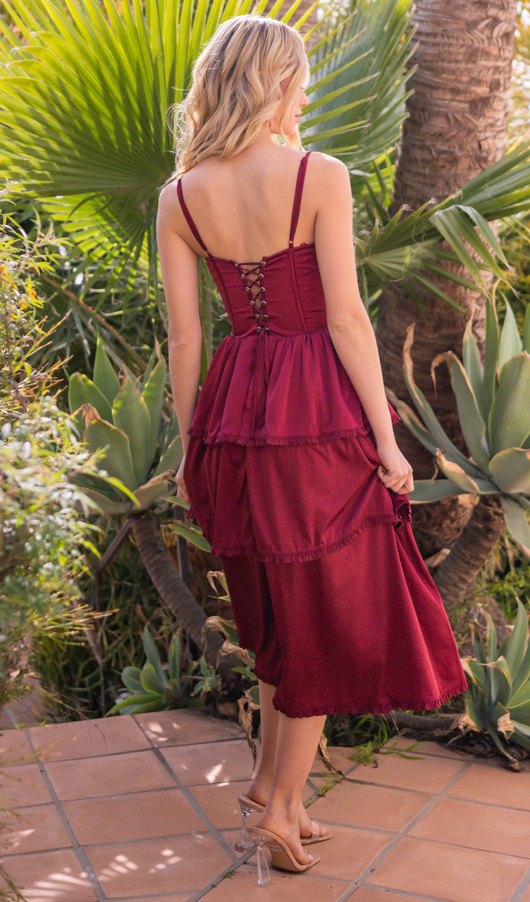 Maeve Corset Midi Dress Burgundy Satin
