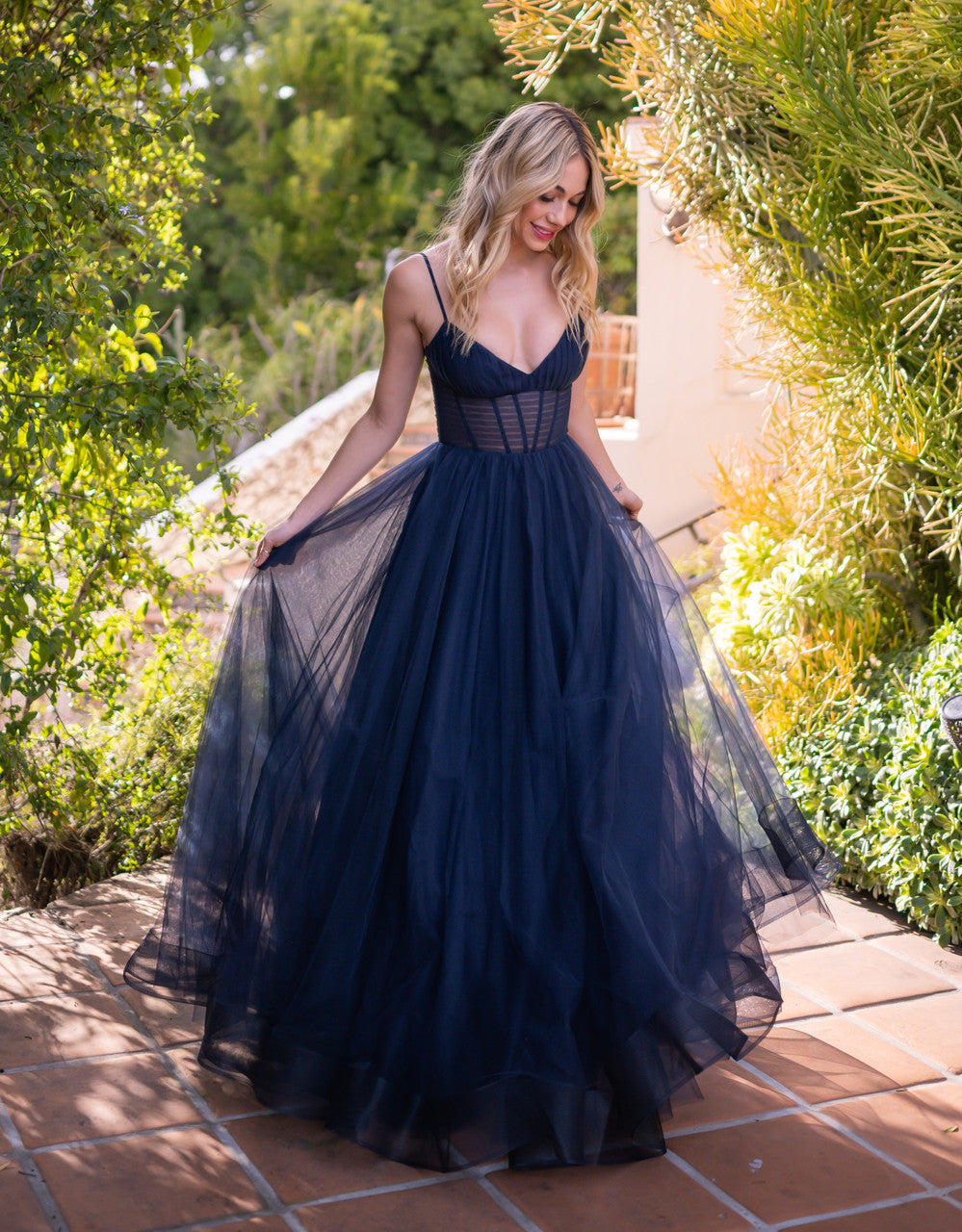 Yasmin Gown Navy Tulle A- Dress With Pleated Bodice