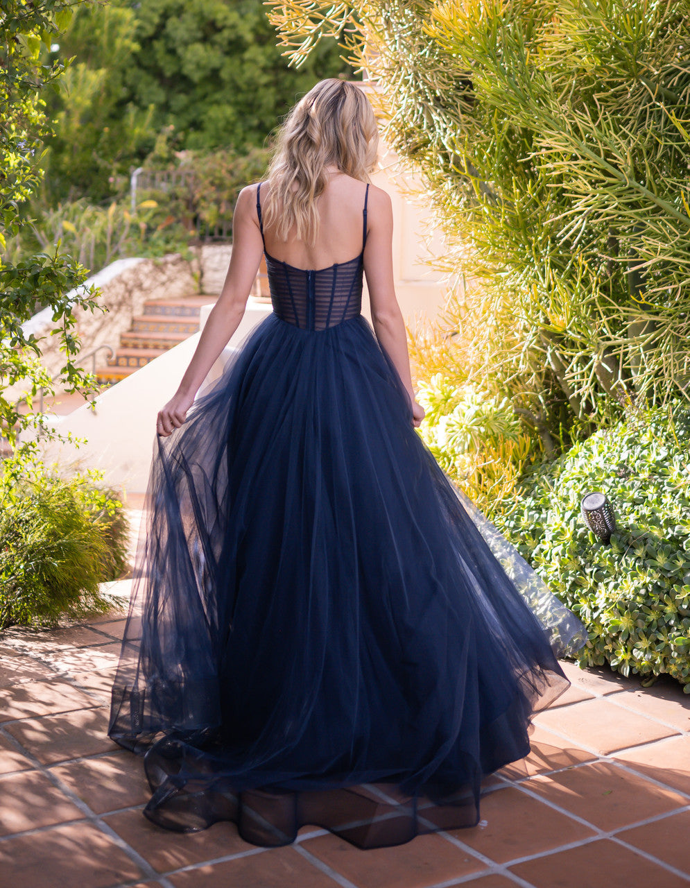 Yasmin Gown Navy Tulle A- Dress With Pleated Bodice