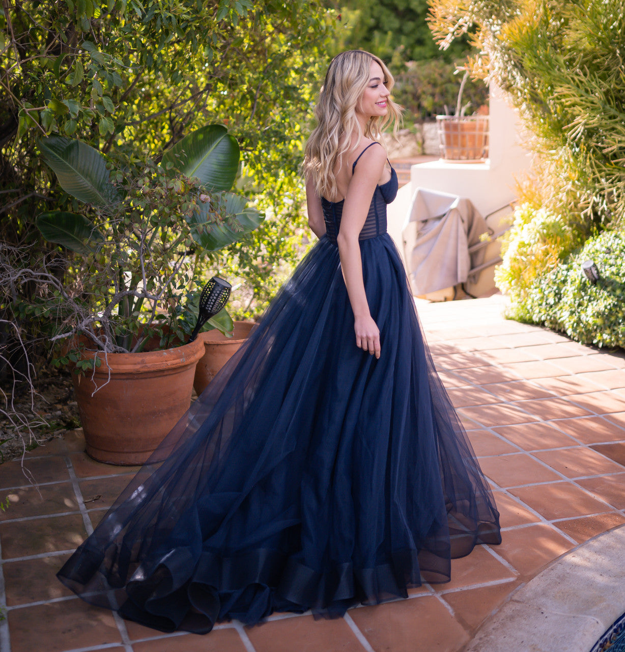 Yasmin Gown Navy Tulle A- Dress With Pleated Bodice