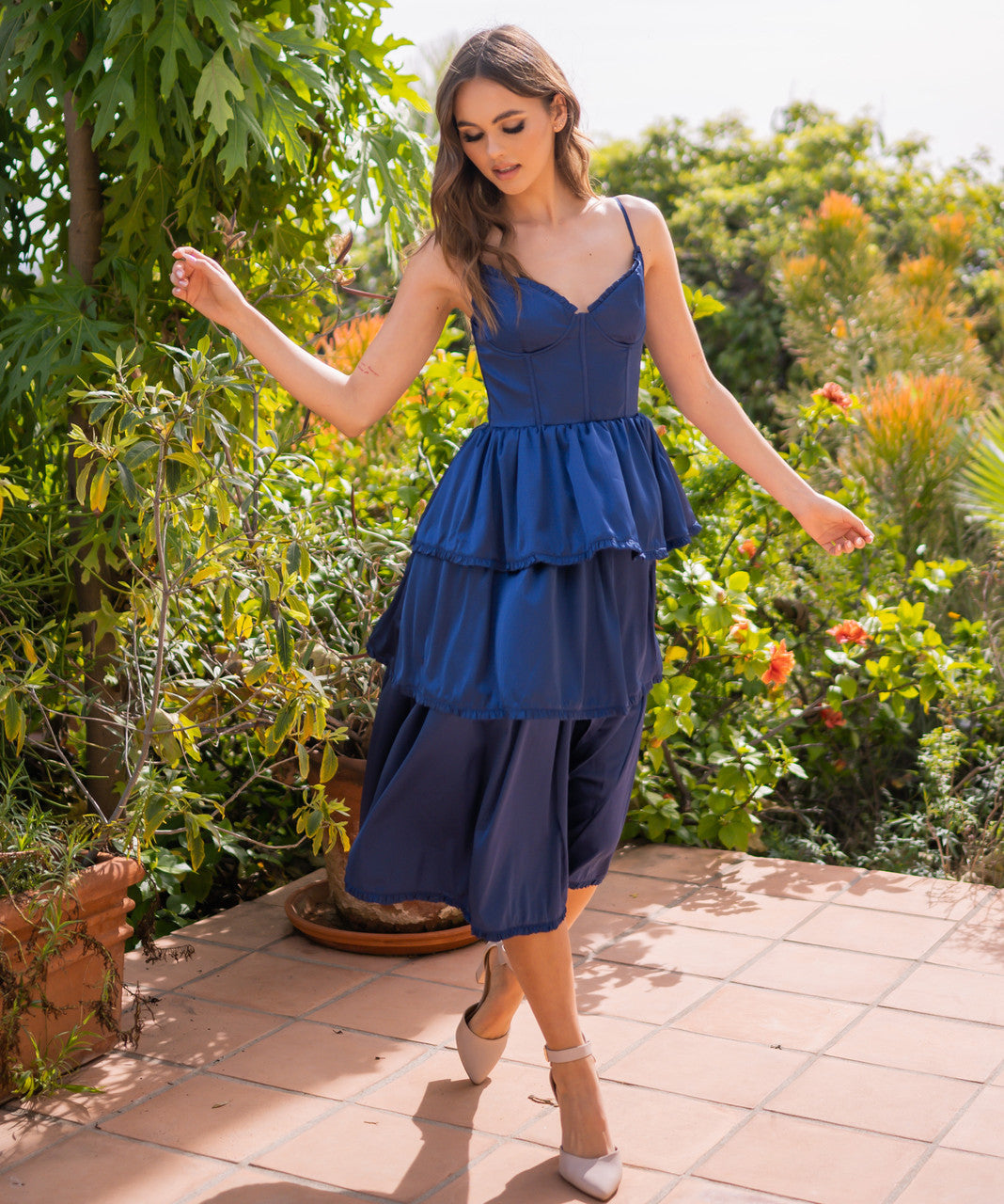 Maeve Corset Midi Dress Navy Satin