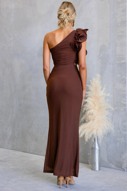 LIZBETH ONE SHOULDER MESH MAXI DRESS BROWN