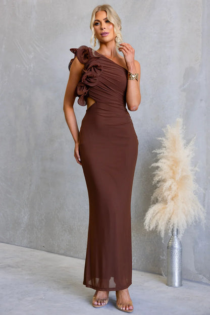 LIZBETH ONE SHOULDER MESH MAXI DRESS BROWN