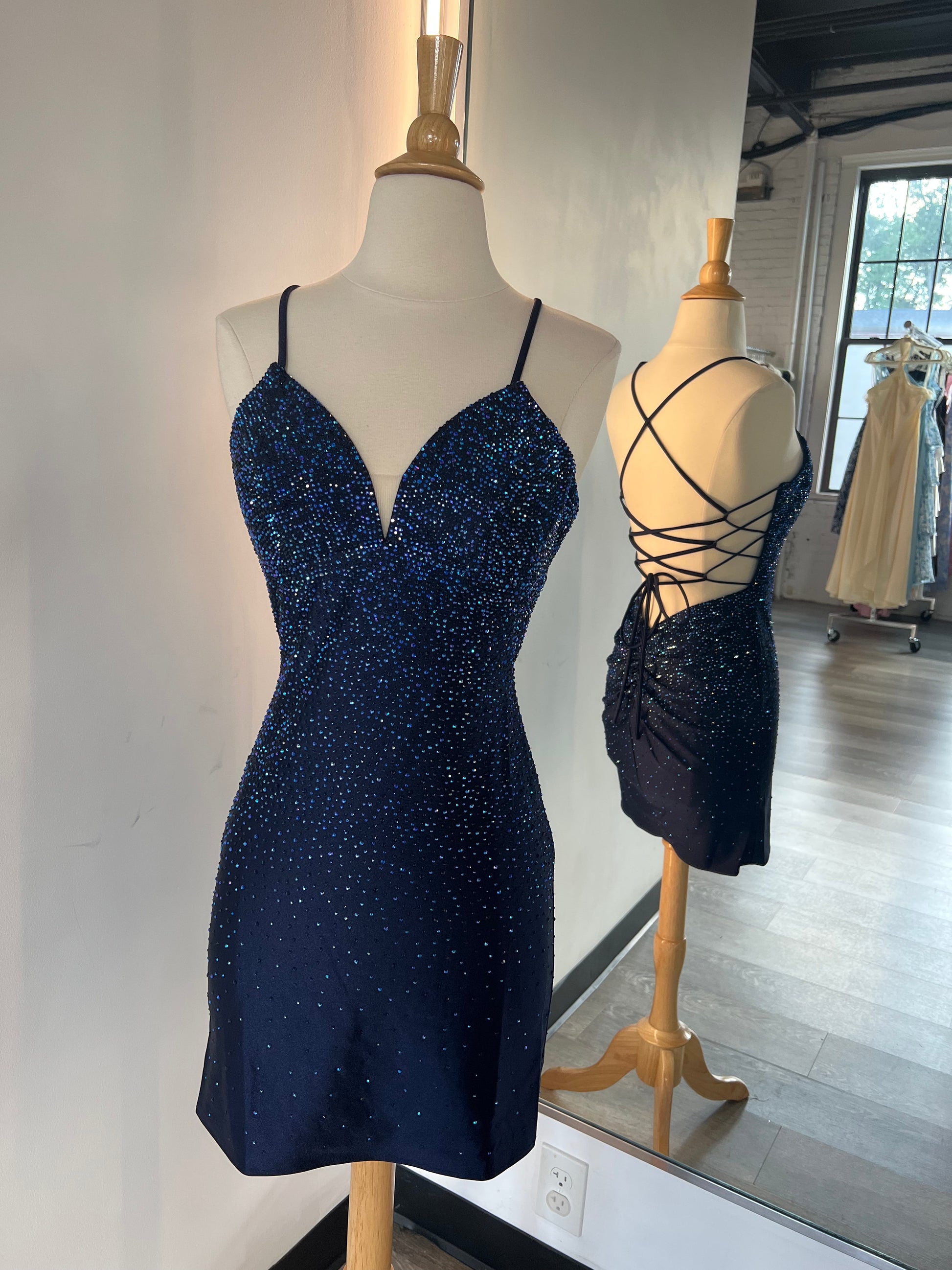 NOVALEE MINI NAVY HOT STONE LACE-UP DRESS
