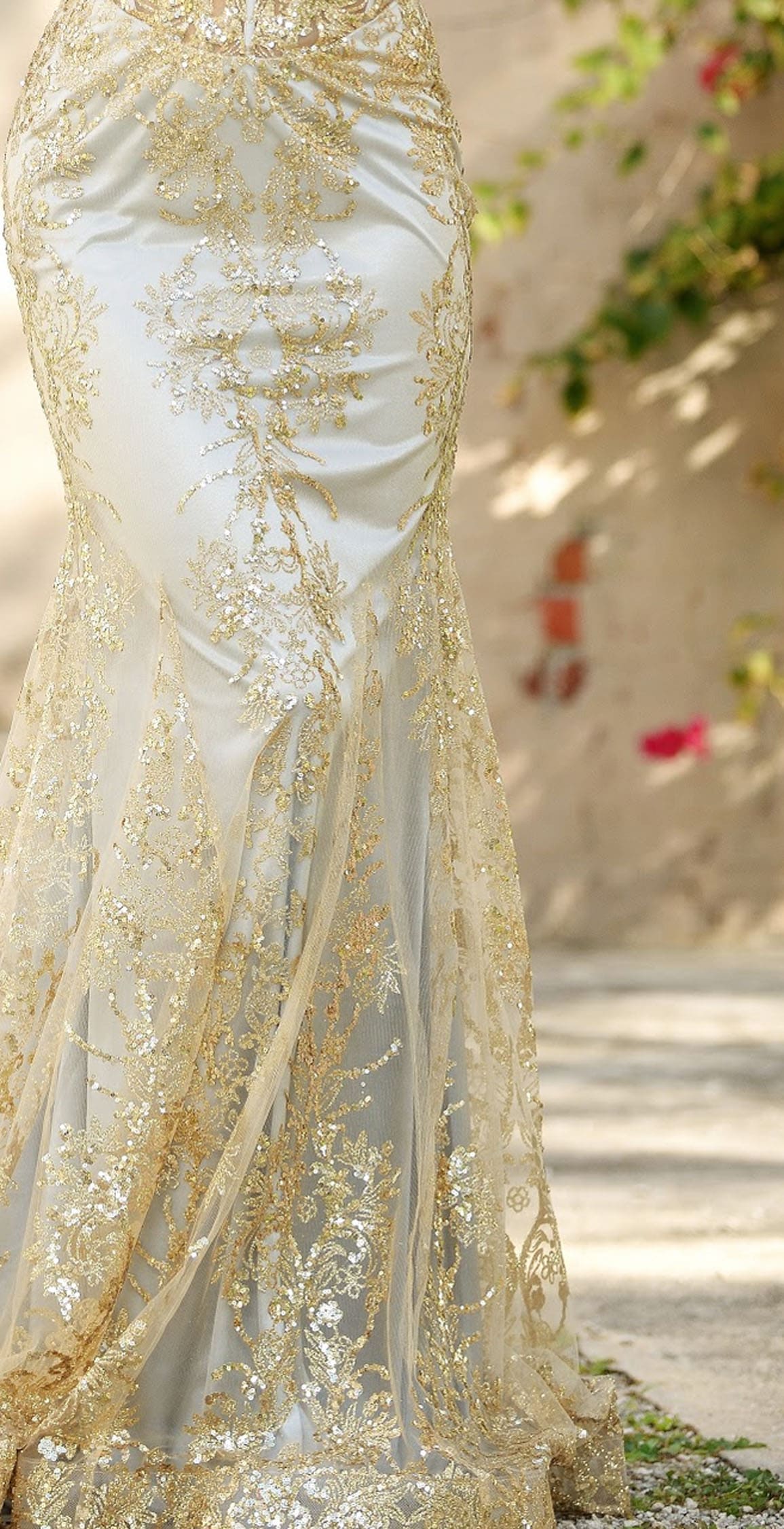 Lyra Gown Gold Mist FITTED FLORAL GLITTER PRINT CORSET GOWN