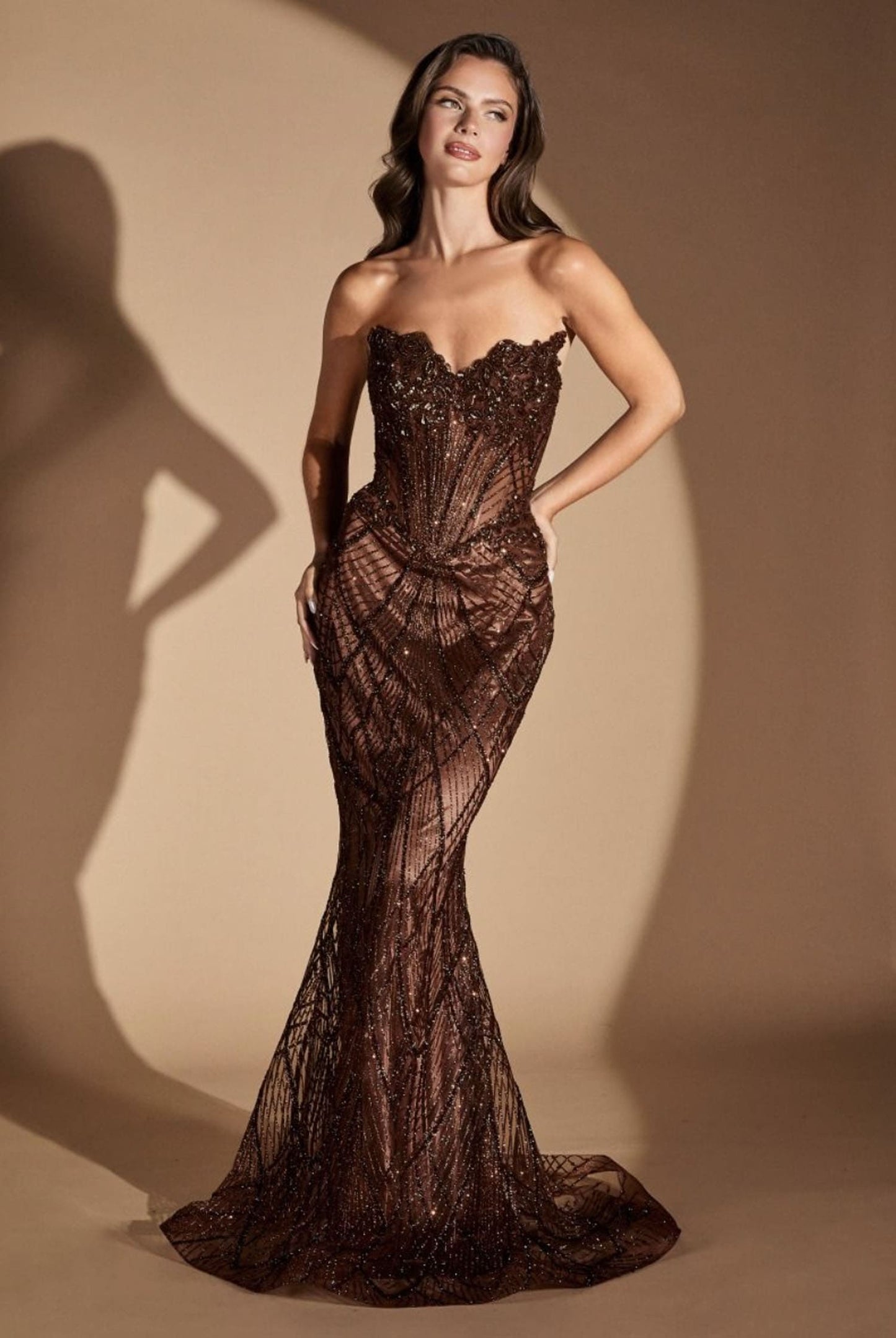 GEMINI GOWN BEADED SEQUIN FITTED STRAPLESS GOWN