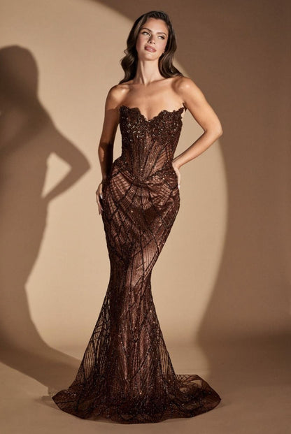 GEMINI GOWN BEADED SEQUIN FITTED STRAPLESS GOWN