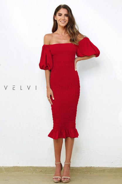 Skyla Shirred Midi Dress RED