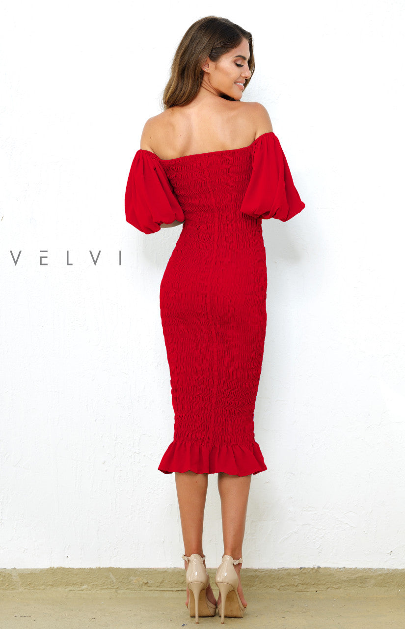 Skyla Shirred Midi Dress RED
