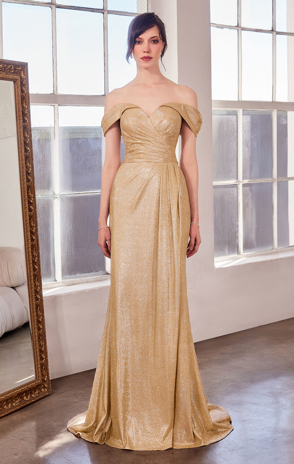 Venetian Gown Luxe Metallic Off-Shoulder Evening Dress