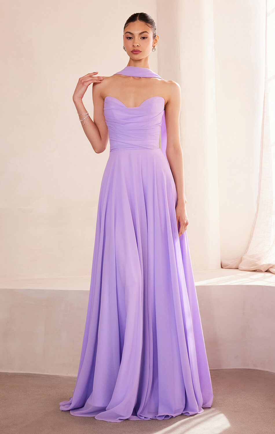 Ella Gown A- Strapless Chiffon Dress With Scarf