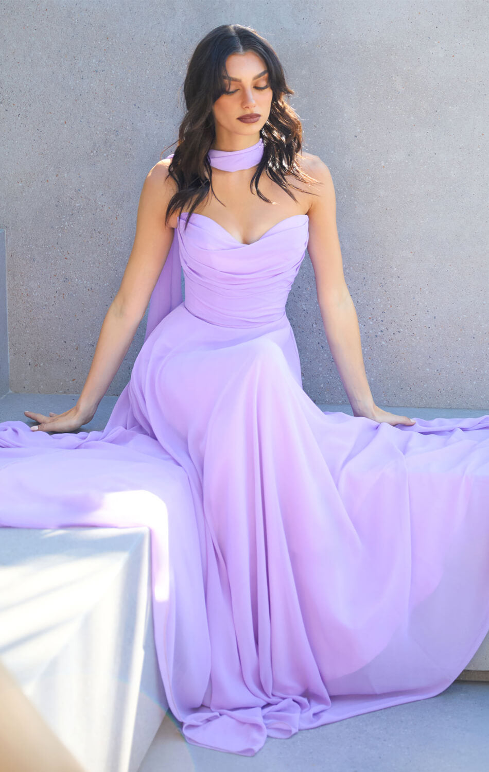 Ella Gown A- Strapless Chiffon Dress With Scarf