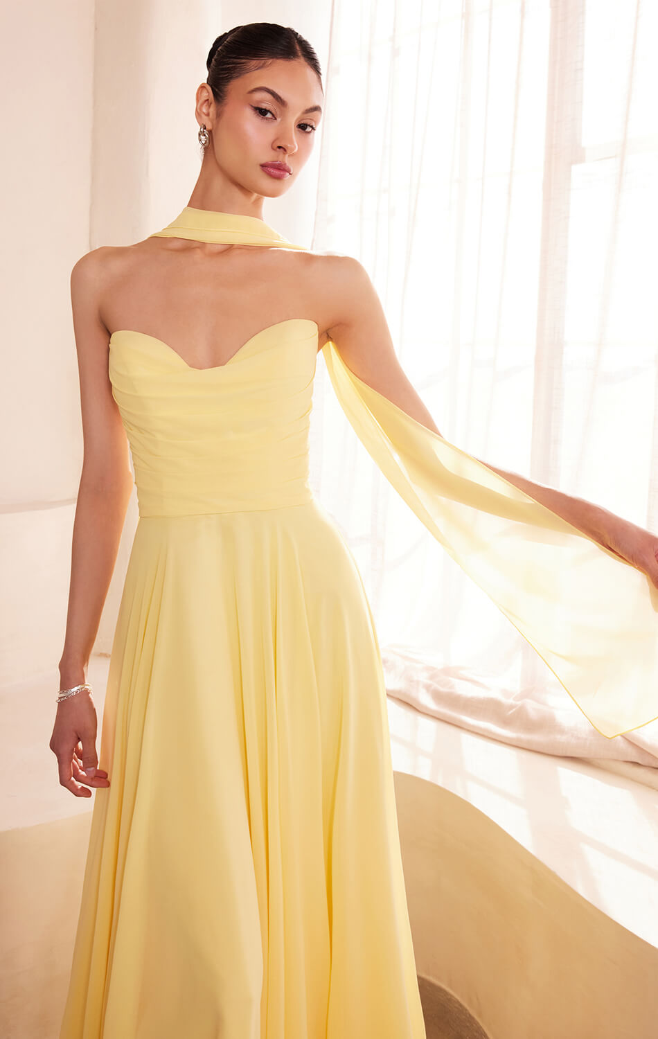 Ella Gown A- Strapless Chiffon Dress With Scarf