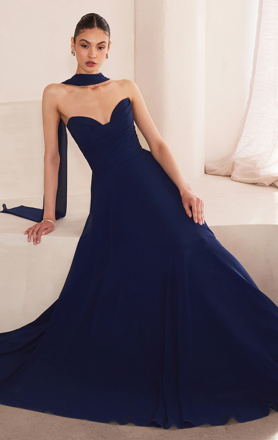 Ella Gown A- Strapless Chiffon Dress With Scarf