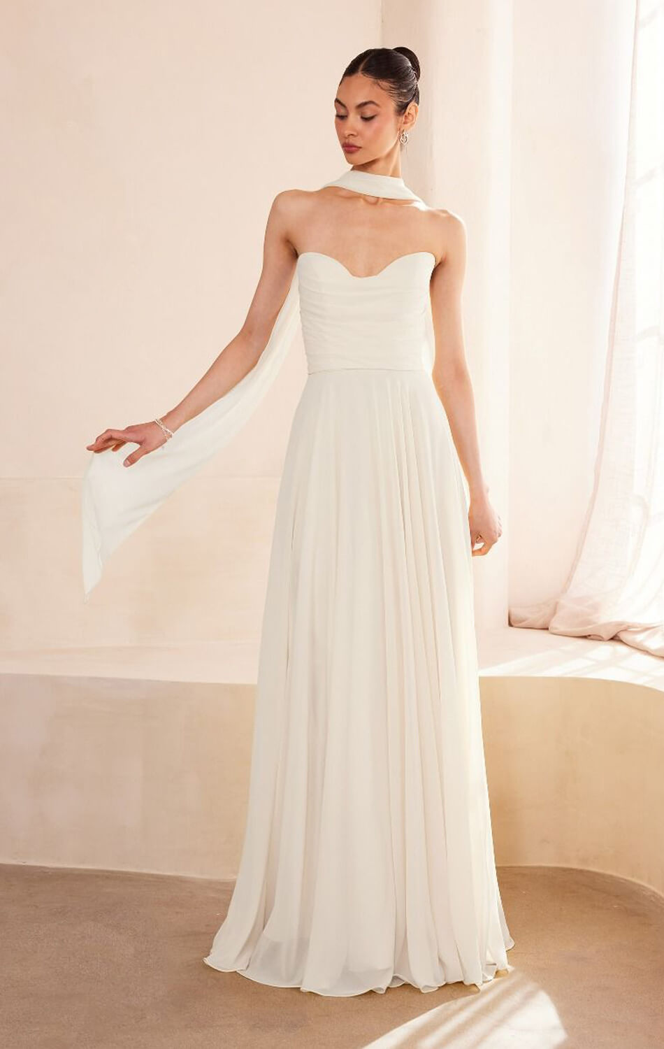 Ella Gown A- Strapless Chiffon Dress With Scarf Off White