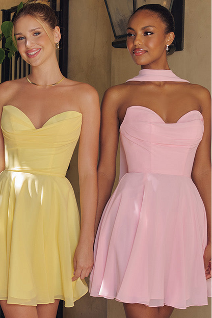 Ella Mini Dress A- Strapless Chiffon Cocktail Dress With Scarf