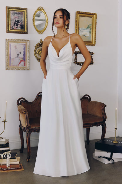 WILLOW GOWN OFF WHITE A- SATIN DRESS WITH COWL NECKLINE