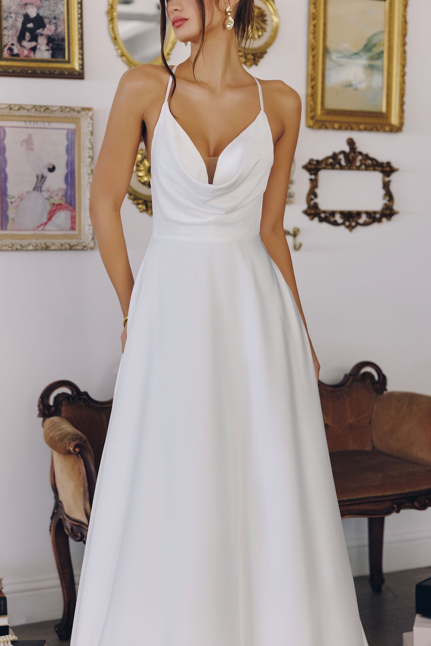WILLOW GOWN OFF WHITE A- SATIN DRESS WITH COWL NECKLINE