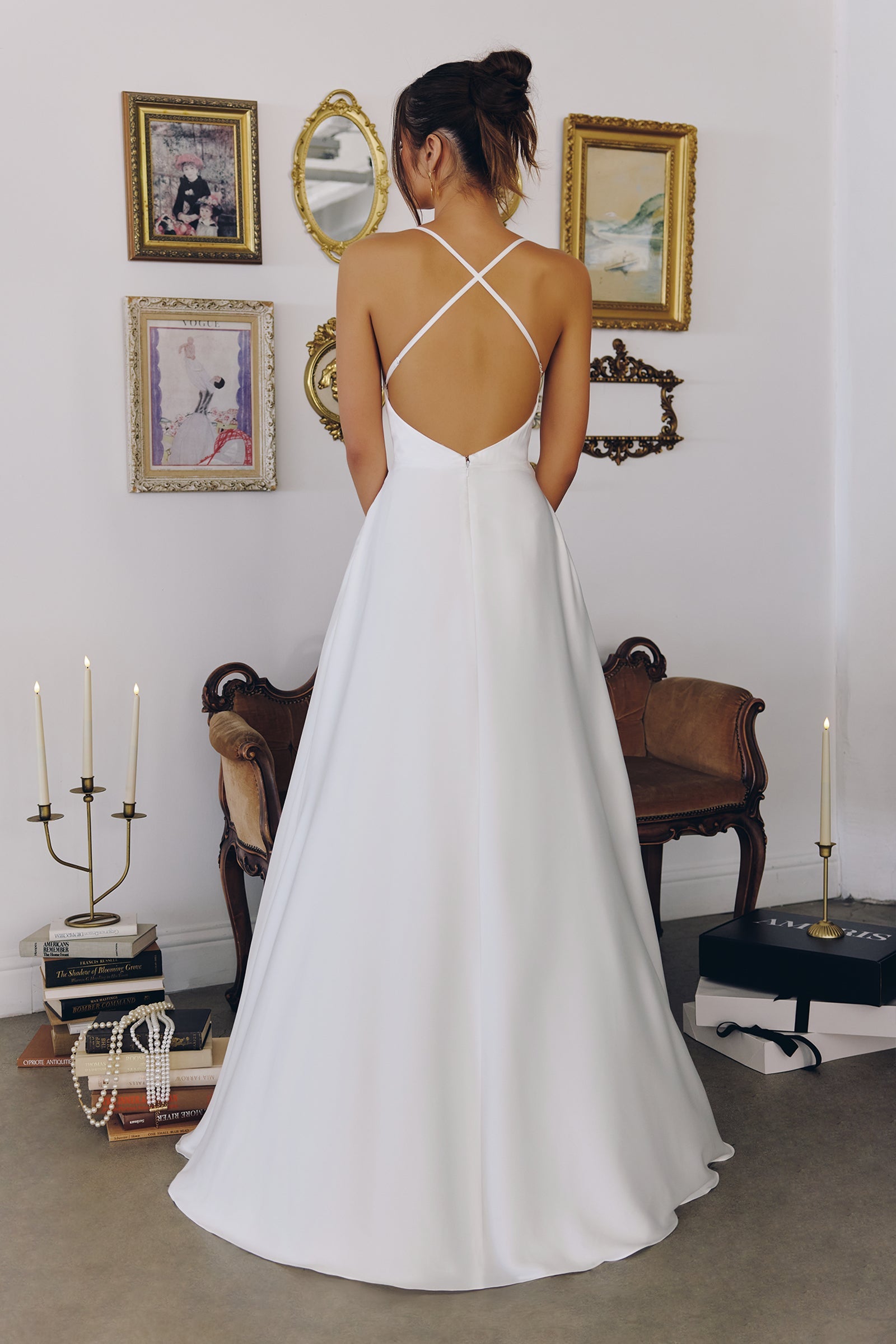 WILLOW GOWN OFF WHITE A- SATIN DRESS WITH COWL NECKLINE