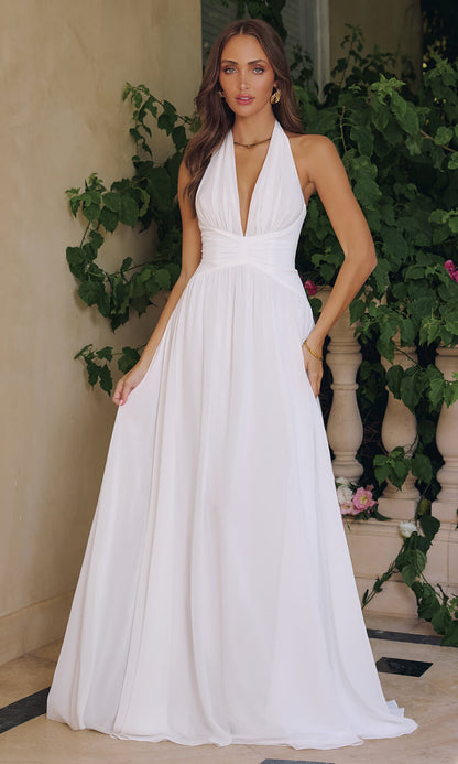 TARA GOWN OFF-WHITE FLOWY CHIFFON HALTER DRESS