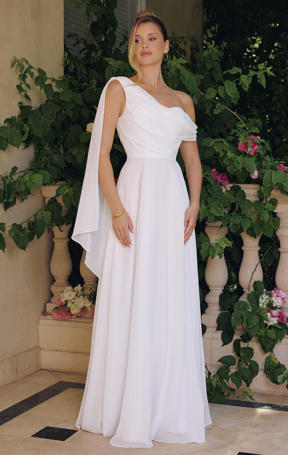 VENUS GOWN OFF-WHITE ONE SHOULDER CHIFFON DRESS