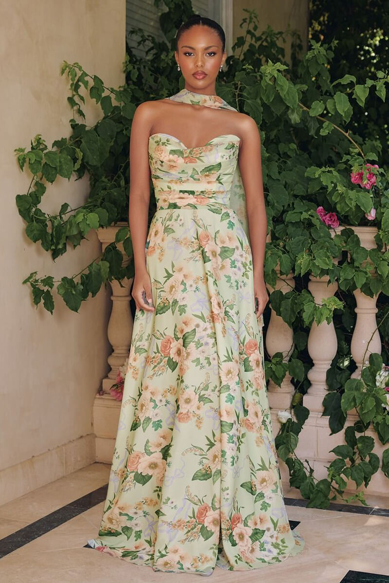 SAGE FLORAL MEADOWS GOWN STRAPLESS A- CHIFFON GOWN WITH SCARF