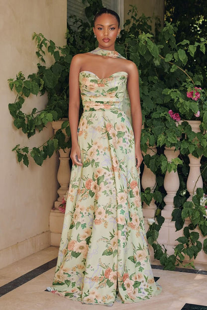 SAGE FLORAL MEADOWS GOWN STRAPLESS A- CHIFFON GOWN WITH SCARF