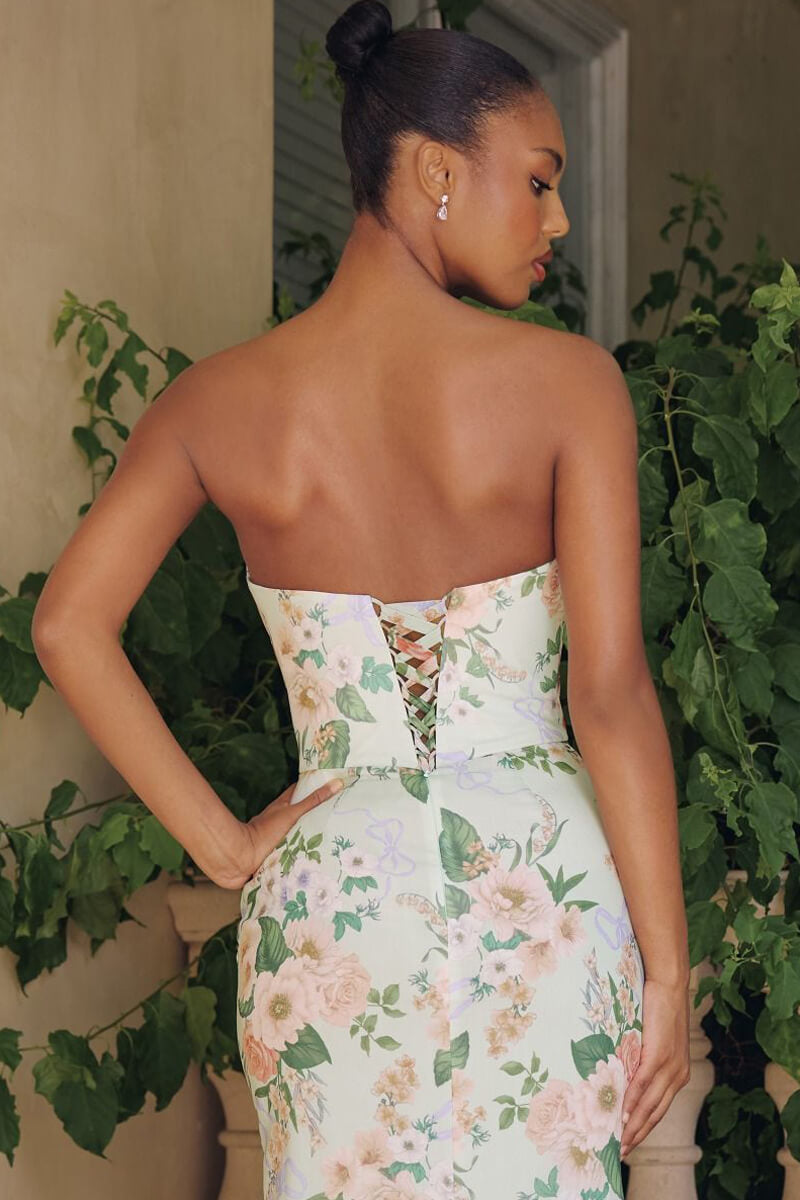 SAGE FLORAL BRIANNA GOWN STRAPLESS CHIFFON GOWN WITH SCARF