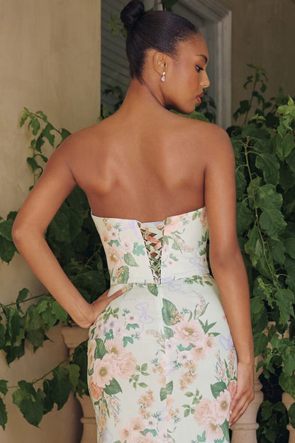 SAGE FLORAL BRIANNA GOWN STRAPLESS CHIFFON GOWN WITH SCARF