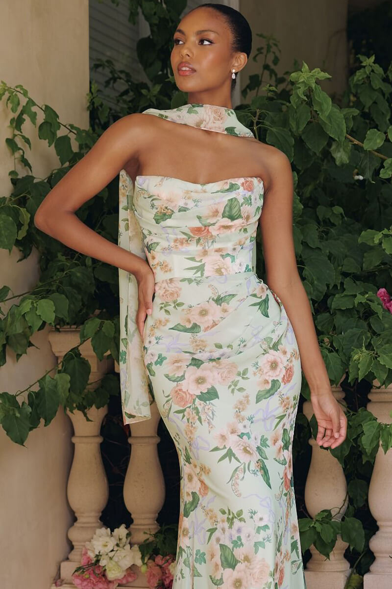 SAGE FLORAL BRIANNA GOWN STRAPLESS CHIFFON GOWN WITH SCARF