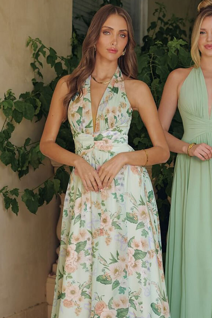 SAGE FLORAL CHEYENNE GOWN CHIFFON HALTER DRESS
