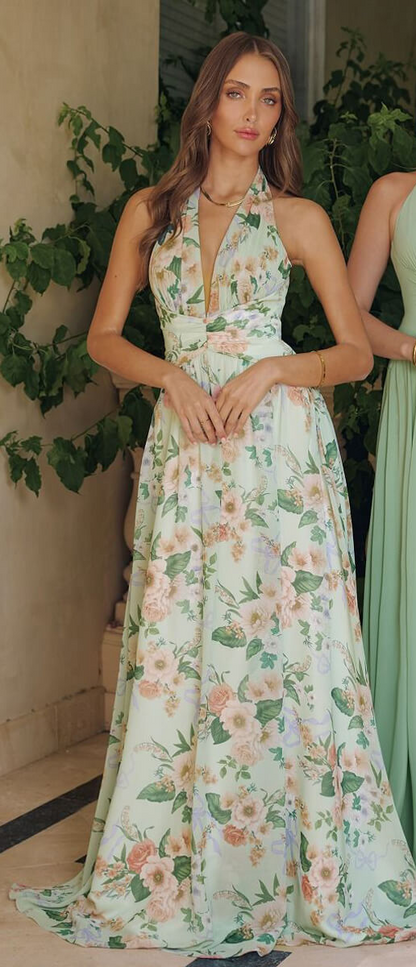 SAGE FLORAL CHEYENNE GOWN CHIFFON HALTER DRESS