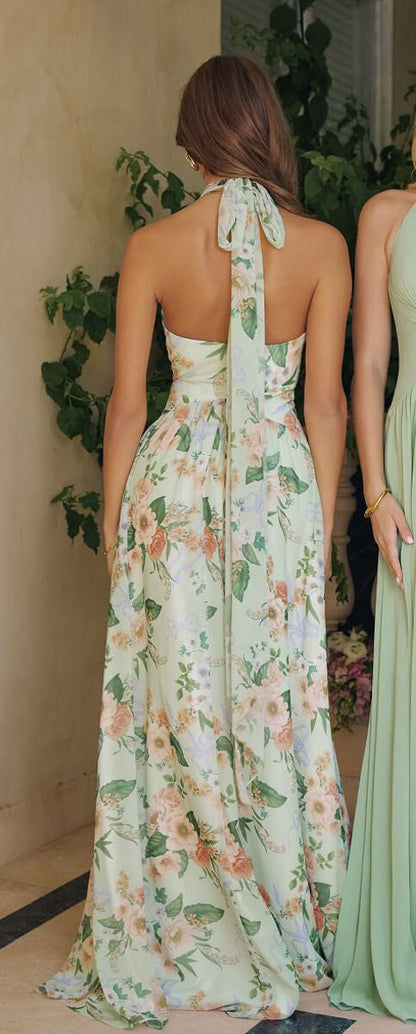 SAGE FLORAL CHEYENNE GOWN CHIFFON HALTER DRESS