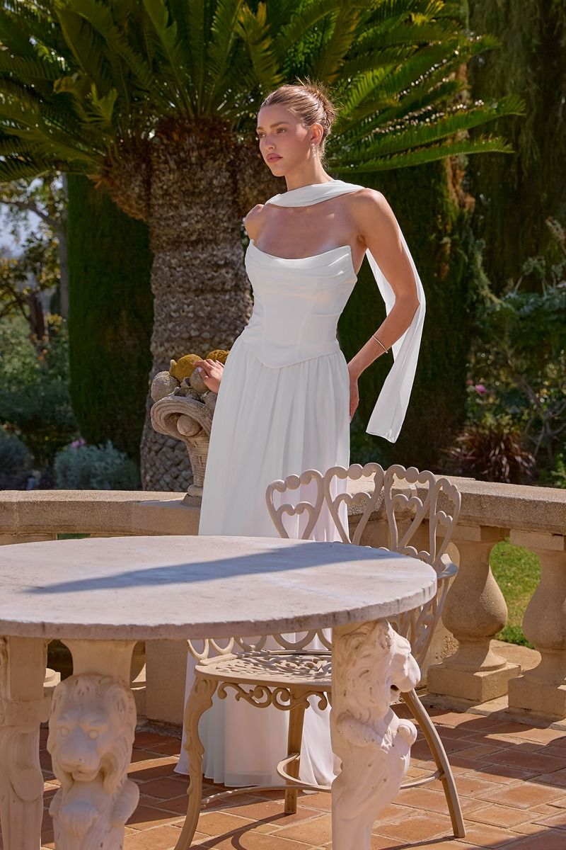 Reese Gown Satin & Chiffon Dress With Scarf Off White