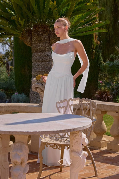 Reese Gown Satin & Chiffon Dress With Scarf Off White