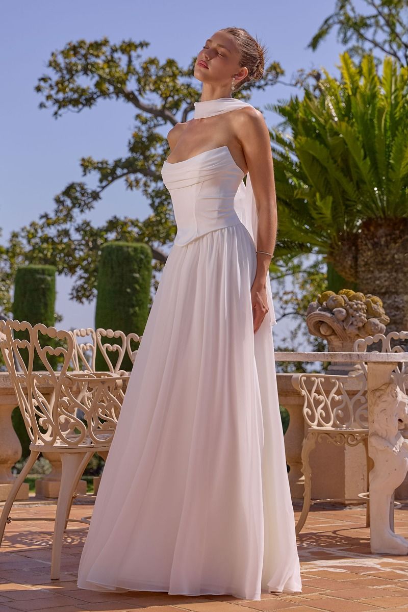 Reese Gown Satin & Chiffon Dress With Scarf Off White