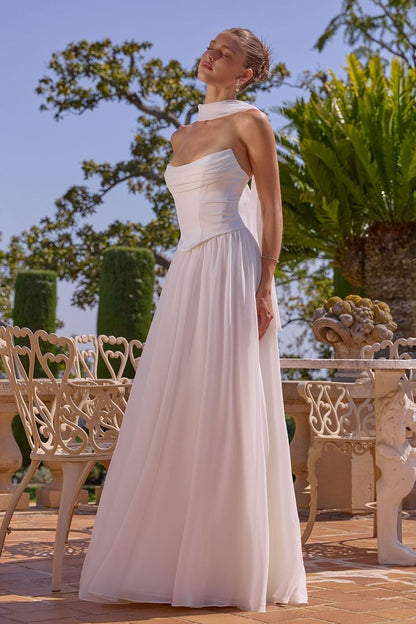Reese Gown Satin & Chiffon Dress With Scarf Off White