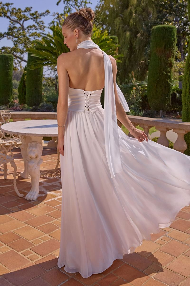 Reese Gown Satin & Chiffon Dress With Scarf Off White