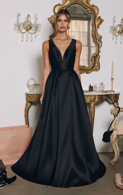 ANDERSYN GOWN MIKADO SATIN A- DRESS WITH POCKETS