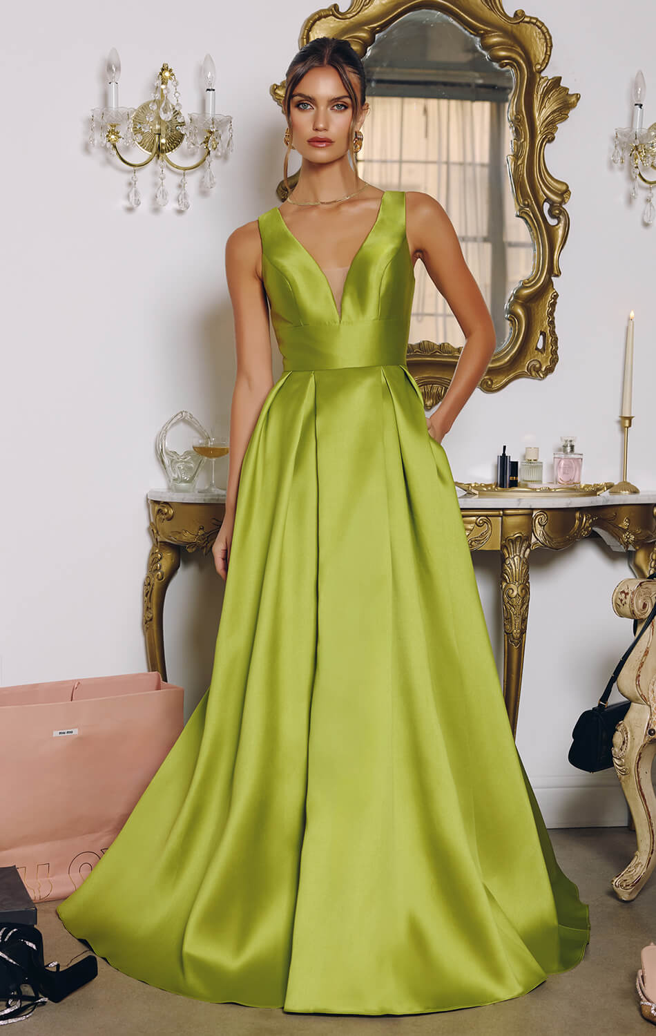 ANDERSYN GOWN MIKADO SATIN A- DRESS WITH POCKETS
