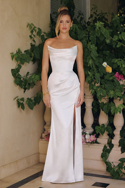 Kieran Gown Off-White Stretch Satin Fitted Dress