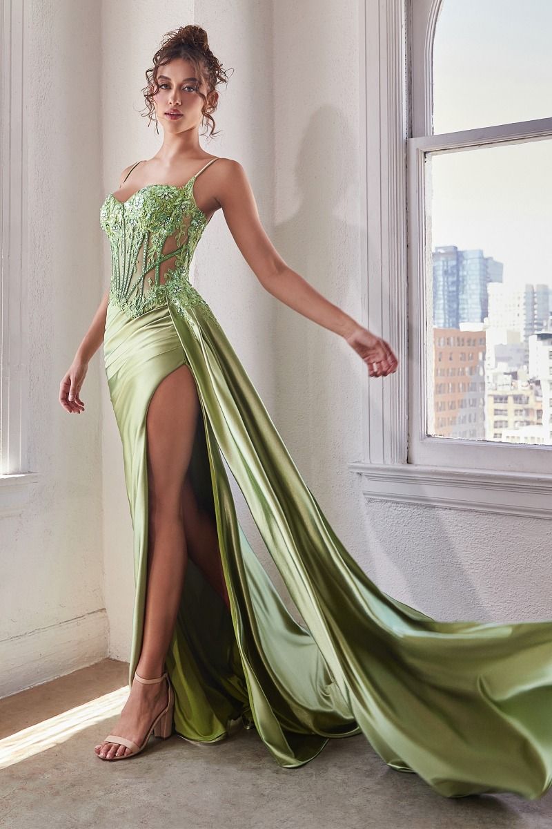 Teagan Gown Greenery Fitted Satin & Lace Dress