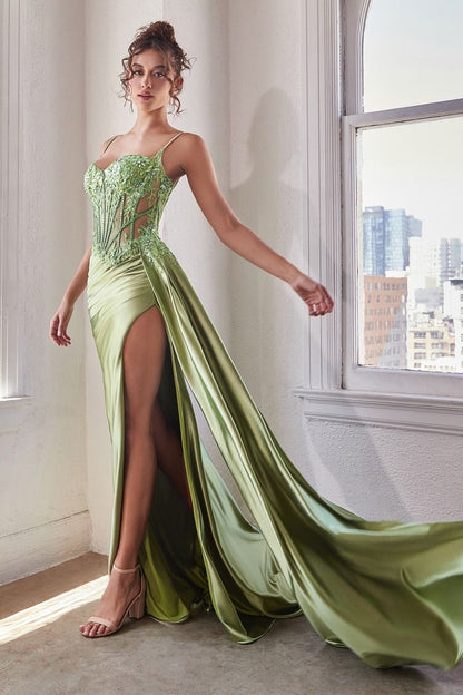 Teagan Gown Greenery Fitted Satin & Lace Dress