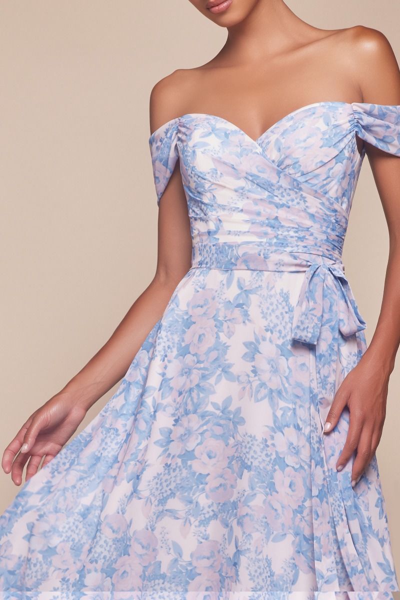 TILDA GOWN BLUE OFF THE SHOULDER FLORAL PRINTED A- DRESS