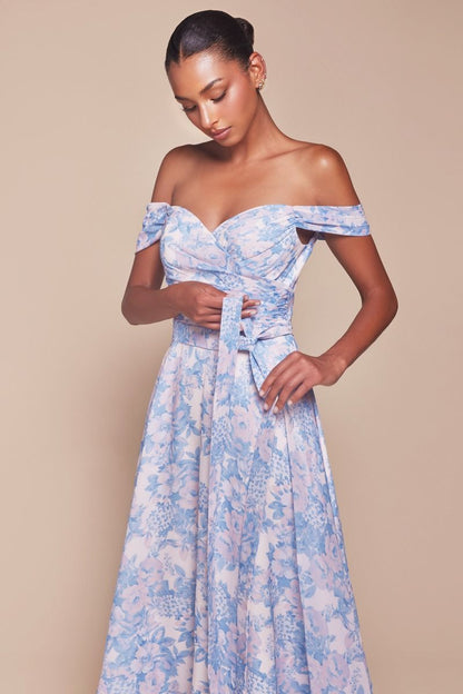 TILDA GOWN BLUE OFF THE SHOULDER FLORAL PRINTED A- DRESS
