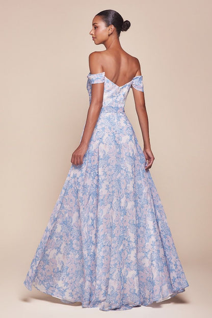 TILDA GOWN BLUE OFF THE SHOULDER FLORAL PRINTED A- DRESS