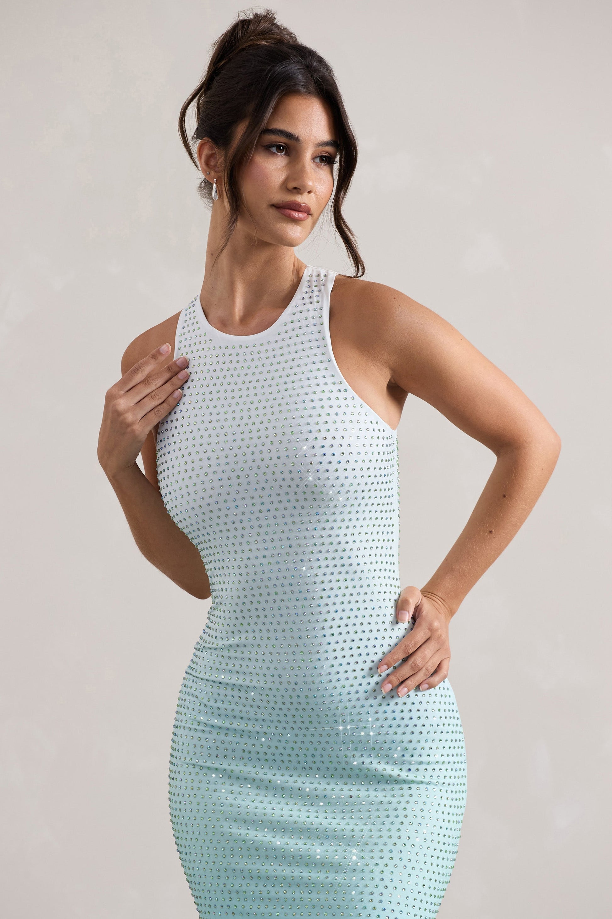 Escala | Mint Ombre Hotfix Racer-Neck Maxi Dress