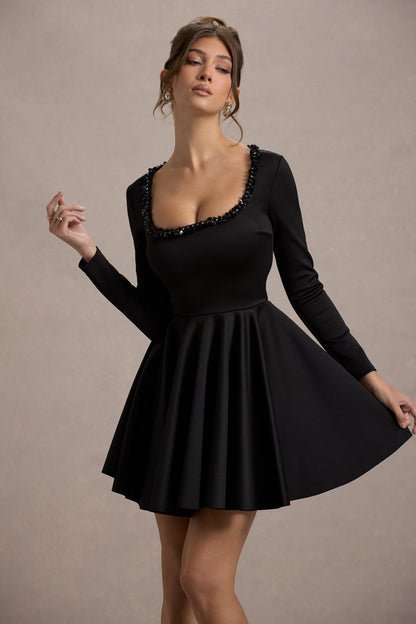Wilder | Black Embellished Square-Neck Long-Sleeve Skater Mini Dress