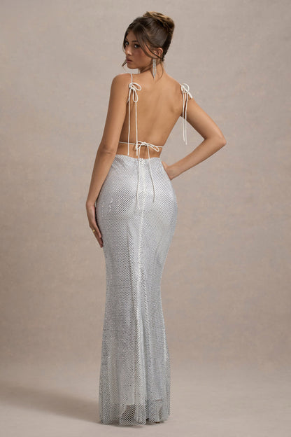 Quartz | Silver Hotfix Square-Neck Open-Back Maxi Dress