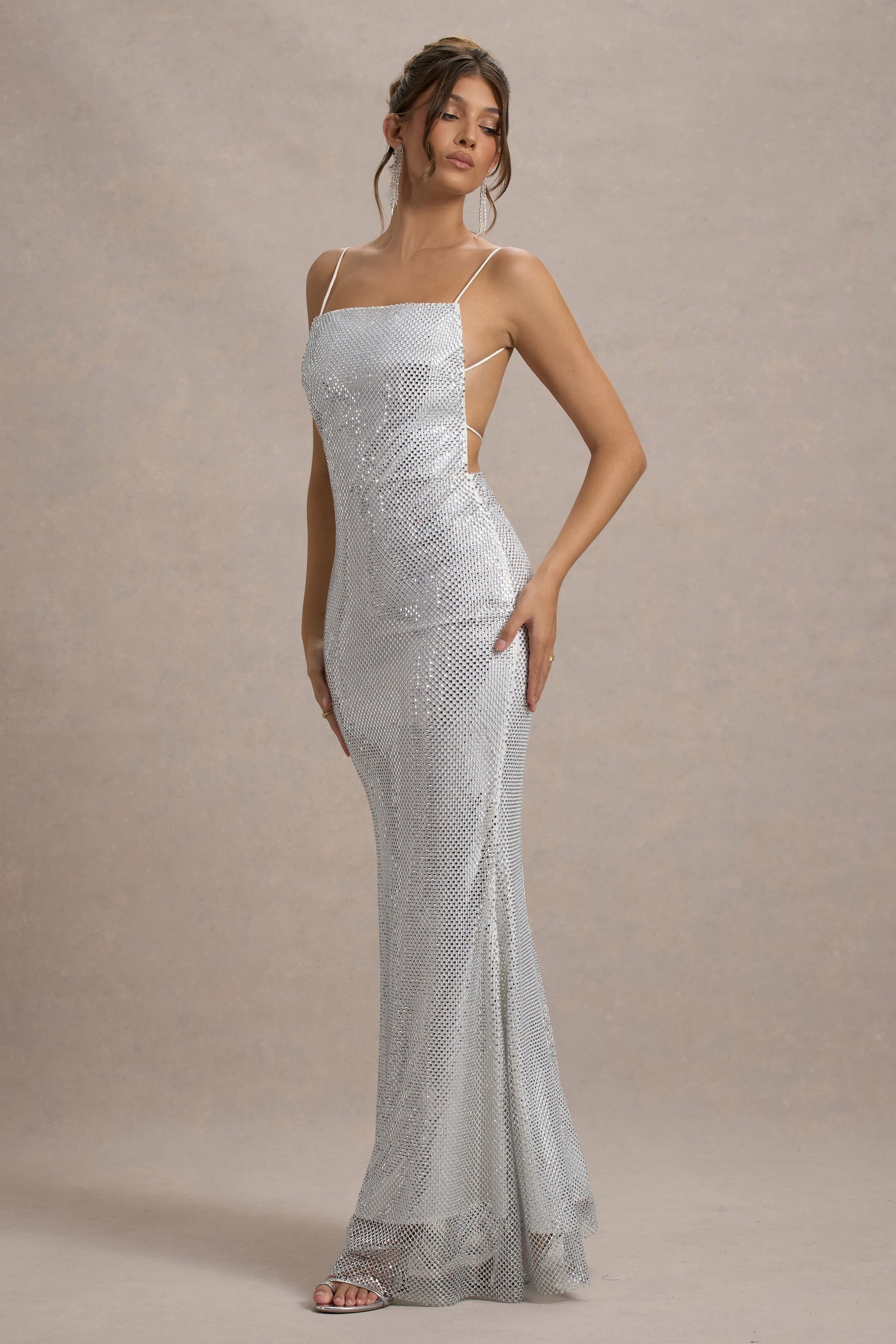 Quartz | Silver Hotfix Square-Neck Open-Back Maxi Dress